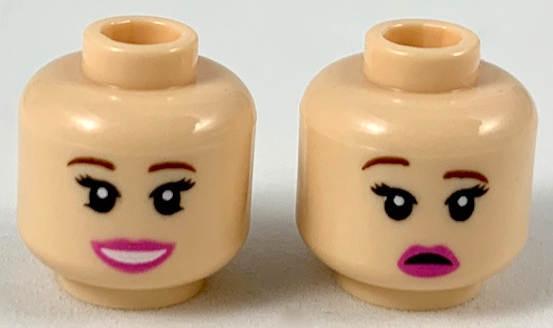 Minifigure, Head Dual Sided Female, Reddish Brown Eyebrows, Dark Pink Lips, Smile / Worried with Right Eyebrow Raised Pattern