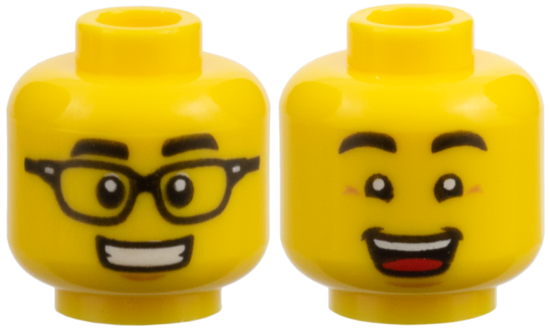 Minifigure, Head Dual Sided Black Eyebrows, Black Glasses and Smile with Teeth / Raised Eyebrows and Open Mouth Smile Pattern