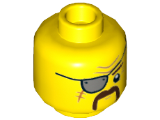 Minifigure, Head Gray Eye Patch, Moustache Dark Brown Fu Manchu, Scar, Wrinkles, Crow's Feet Pattern