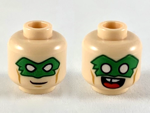 Minifigure, Head Dual Sided Green Eye Mask with Eye Holes, Smirk / Open Mouth Smile with Tongue Pattern