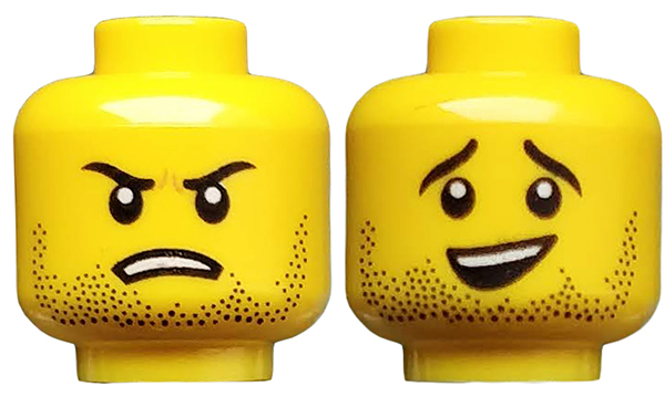 Minifigure, Head Dual Sided Black Stubble, Black Eyebrows, Sheepish Smile / Open Mouth Frown Pattern