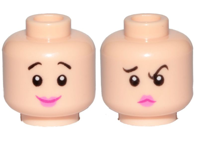 Minifigure, Head Dual Sided Female, Black Eyebrows, Pink Lips, Smile / Concerned Pattern (Wilma Flintstone)