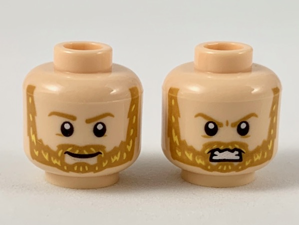 Minifigure, Head Dual Sided Medium Nougat Eyebrows and Beard with Yellow Highlights, Smile / Fierce Pattern