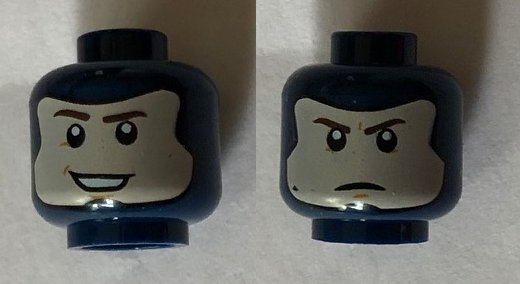 Minifigure, Head Dual Sided Balaclava, Light Nougat Face with Brown Eyebrows, Smile / Stern Pattern
