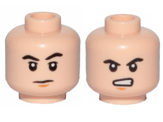 Minifigure, Head Dual Sided Black Eyebrows, Medium Nougat Chin Dimple, Neutral / Angry with Bared Teeth Pattern