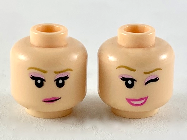 Minifigure, Head Dual Sided Female, Medium Nougat Eyebrows, Medium Lavender Eye Shadow, Dark Pink Lips, Smile / Wink Pattern