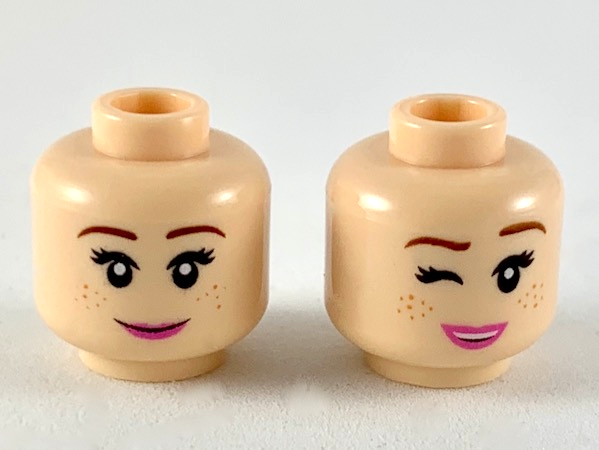 Minifigure, Head Dual Sided Female, Reddish Brown Eyebrows, Dark Orange Freckles, Dark Pink Lips, Smile / Wink Pattern