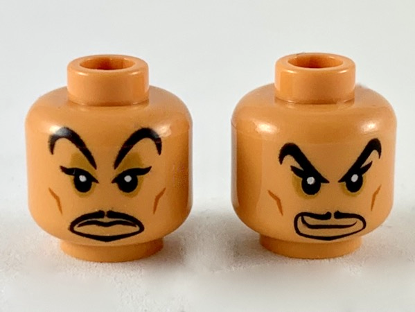 Minifigure, Head Dual Sided Large Black Eyebrows, Dark Orange Cheek Lines, Black Goatee, Passive / Crooked Smirk Pattern