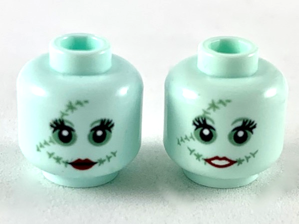 Minifigure, Head Dual Sided Alien Female Sand Green Stitching and Eye Shadow, Dark Red Lips Small Smile, Closed Mouth / Showing Teeth Pattern