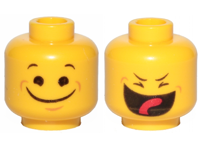 Minifigure, Head Dual Sided Black Eyes, Eyebrows, Wide Closed Mouth Smile / Closed Eyes, Smile with Tongue Pattern (Benny)