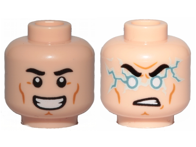Minifigure, Head Dual Sided Black Eyebrows, Cheek Lines, Smile / Light Blue Lightning Bolts Pattern