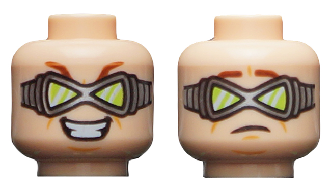 Minifigure, Head Dual Sided Reddish Brown Eyebrows, Silver Goggles with Lime Triangular Lenses, Evil Grin / Worried Expression Pattern
