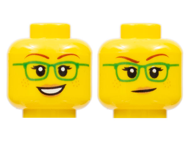 Minifigure, Head Dual Sided Female Green Glasses, Smile / Closed Mouth Pattern