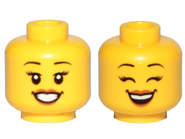 Minifigure, Head Dual Sided Female Black Eyebrows, Eyelashes, Medium Nougat Lips, Smile, Teeth, Open Eyes / Closed Eyes Pattern