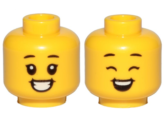 Minifigure, Head Dual Sided Child Black Eyebrows, Big Smile, Teeth, Open Eyes / Closed Eyes Pattern