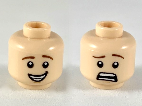 Minifigure, Head Dual Sided Reddish Brown Eyebrows, Smile with Teeth / Scared Pattern