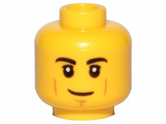 Minifigure, Head Black Eyebrows, Upper Eyelids, Nougat Cheek Lines and Chin Dimple, Lopsided Grin Pattern