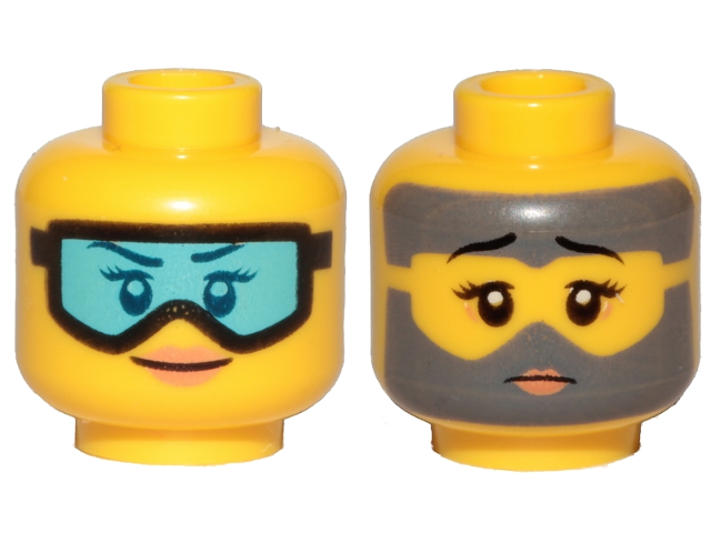 Minifigure, Head Dual Sided Female Dark Blue Eyebrows, Eyelashes, and Eyes, Black Ski Goggles with Medium Azure Lens, Nougat Lips, Grin / Dark Bluish Gray Dirt Covering Face, Small Sad Frown Pattern