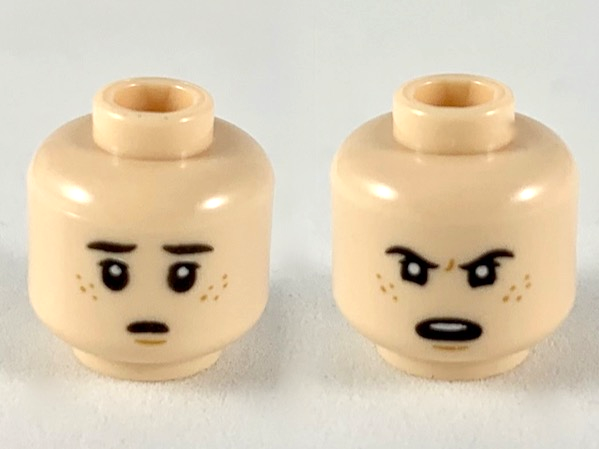 Minifigure, Head Dual Sided Child Dark Brown Eyebrows, Dark Orange Freckles, Worried / Angry Pattern