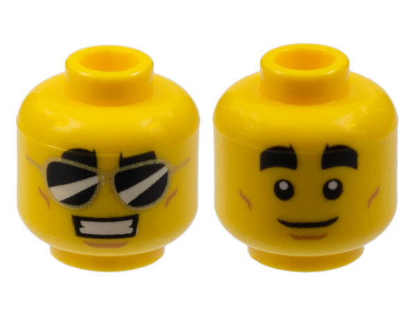 Minifigure, Head Dual Sided Thick Black Eyebrows, Black Sunglasses, Smile with Teeth / White Pupils, Closed Mouth Pattern
