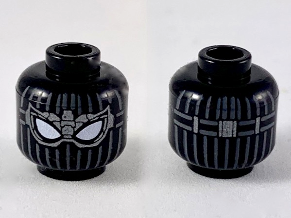 Minifigure, Head Alien with Spider-Man Dark Bluish Gray Vertical Lines, Dark Silver Goggles, Large White Eyes Pattern