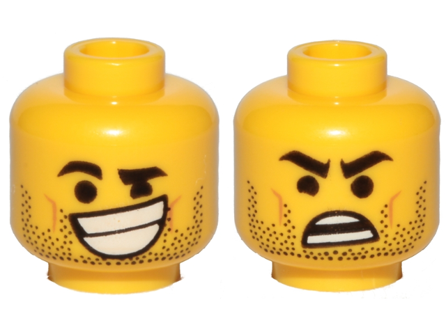 Minifigure, Head Dual Sided Black Eyebrows, Stubble, Lopsided Grin with Teeth / Surprised Pattern (Rex Dangervest)