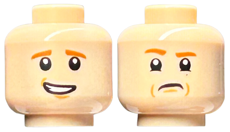 Minifigure, Head Dual Sided Dark Orange Eyebrows, Medium Nougat Chin Dimple, Lopsided Open Mouth Smile with Teeth / Angry with Frown Pattern