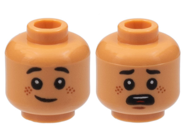 Minifigure, Head Dual Sided Child, Reddish Brown Freckles, Grin / Scared Open Mouth, Black Eyebrows Rounded Ends Pattern
