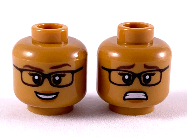 Minifigure, Head Dual Sided Female Glasses, Dark Brown Eyebrows, Dark Orange Lips Happy / Scared Pattern (Allison Miles)