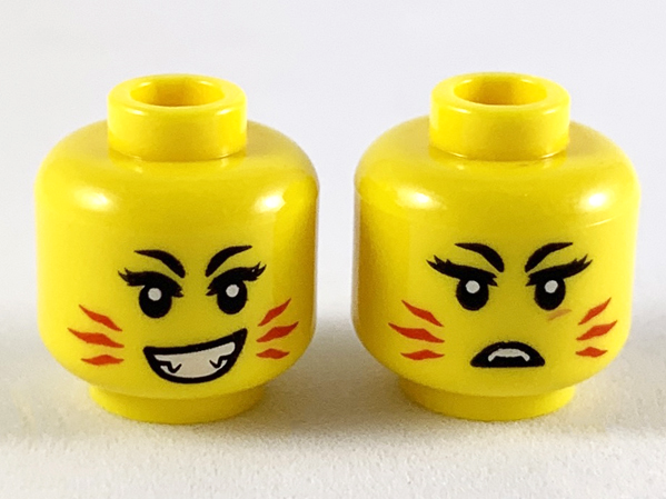 Minifigure, Head Dual Sided Female, Red Whiskers, Sharp Teeth, Frown / Crooked Smile Pattern