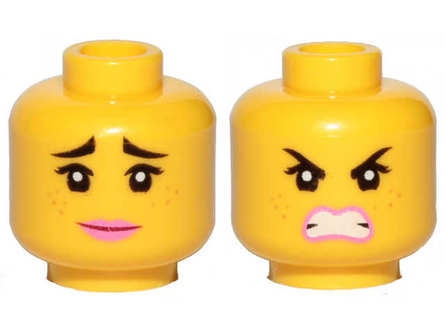 Minifigure, Head Dual Sided Female Black Raised Eyebrows, Freckles, Eyelashes, Pink Lips, Smile / Furious Pattern (Lucy)