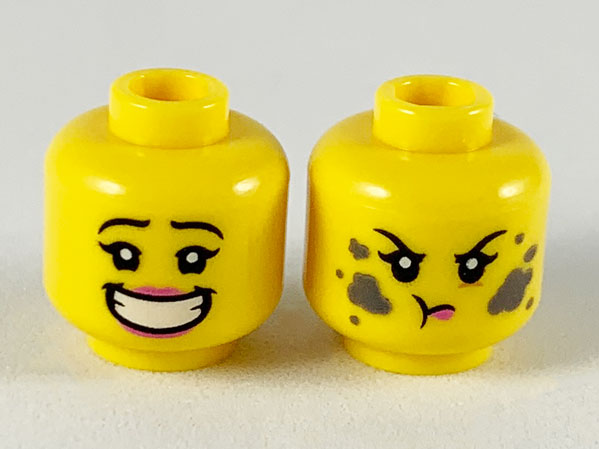 Minifigure, Head Dual Sided Female, Pink Lips Big Smile with Teeth / Dirt Stains, Angry Pattern