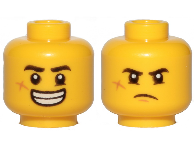 Minifigure, Head Dual Sided Black Eyebrows, Cheek Scar, Large Smile with Teeth / Grumpy Pattern