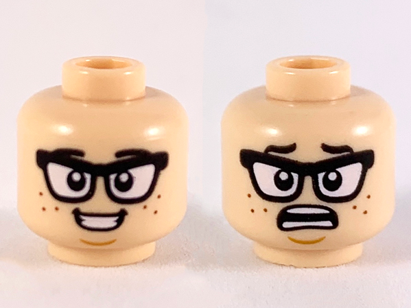 Minifigure, Head Dual Sided Black Eyebrows and Glasses, Reddish Brown Freckles, Smile / Scared Pattern