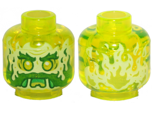 Minifigure, Head Alien Ghost with Yellowish Green Face, Dark Green Bushy Eyebrows, Moustache and Mutton Chops, Lime Eye Shadow, Green Open Mouth Frown with Slime and Tongue, Flames on Back Pattern