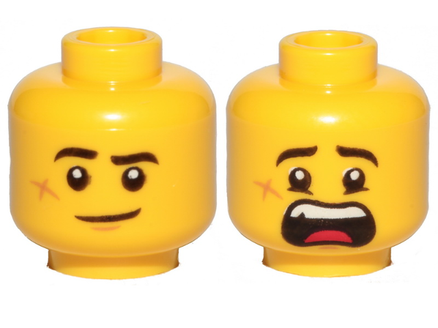 Minifigure, Head Dual Sided Black Eyebrows, Cheek Scar, Lopsided Smile / Scared Pattern