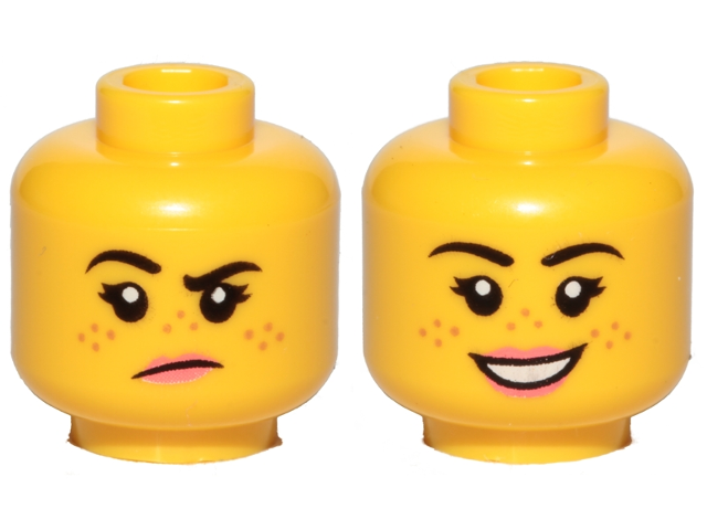 Minifigure, Head Dual Sided Female, Freckles, Pink Lips, Raised Right Eyebrow, Grumpy / Smile Pattern