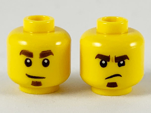 Minifigure, Head Dual Sided Dark Brown Eyebrows and Soul Patch, Smirk / Frown Pattern