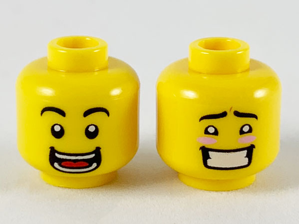 Minifigure, Head Dual Sided Black Eyebrows, Wide Open Smile with Teeth and Tongue / Blushing with Teeth Pattern