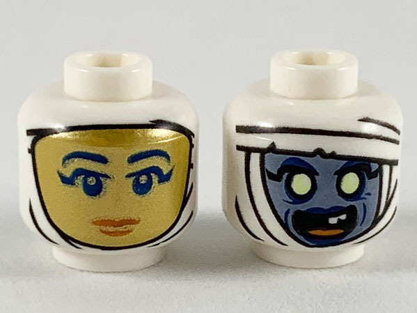Minifigure, Head Dual Sided Female, Gold Face with Dark Blue Eyes and Red Lips / Sand Blue Face with Yellow Eyes and Open Mouth Pattern
