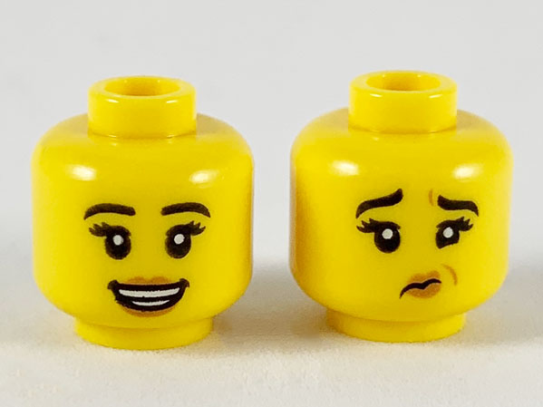 Minifigure, Head Dual Sided Female, Black Eyebrows, Medium Nougat Lips, Smile / Grossed Out Pattern