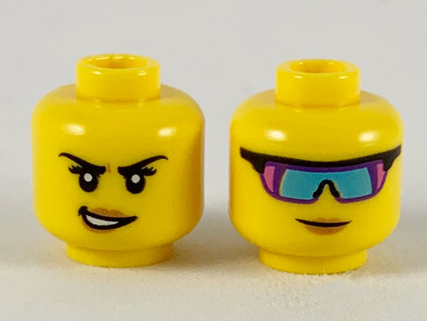 Minifigure, Head Dual Sided Female, Medium Nougat Lips, Crooked Smile / Dark Pink, Dark Purple, and Dark Azure Sunglasses Pattern