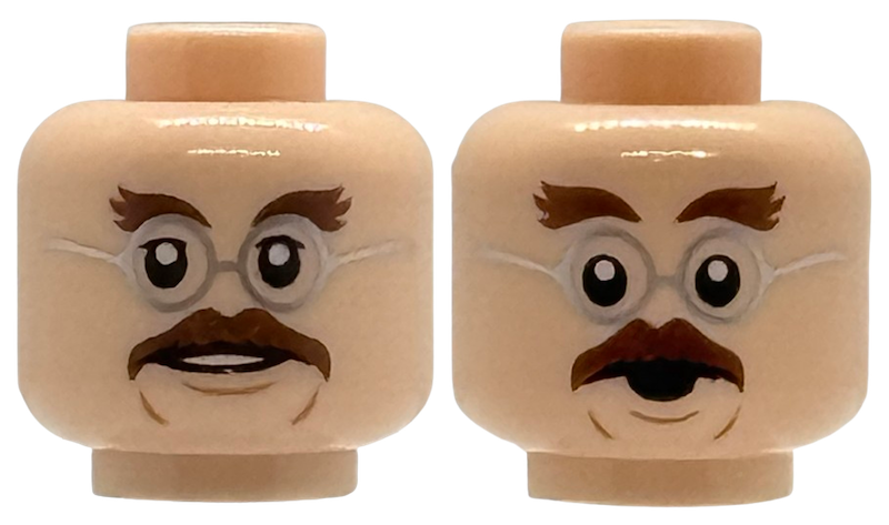 Minifigure, Head Dual Sided Dark Brown Bushy Eyebrows and Moustache, Silver Round Glasses, Open Mouth Smile with Teeth / Surprised Pattern