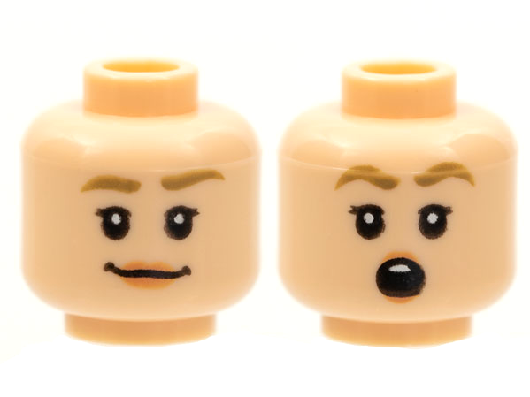 Minifigure, Head Dual Sided Female Dark Tan Thick Eyebrows, Black Eyelashes, Nougat Lips, Grin / Surprised Open Round Mouth with Top Teeth Pattern