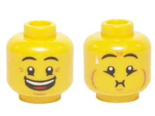 Minifigure, Head Dual Sided Eyebrows, Crow's Feet, Open Mouth Big Smile / Queasy Expression with Sweat Drop Pattern