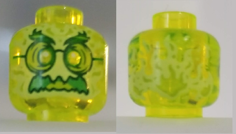 Minifigure, Head Alien Ghost with Yellowish Green Face, Bushy Eyebrows, Glasses, Angry and Flames in Back Pattern