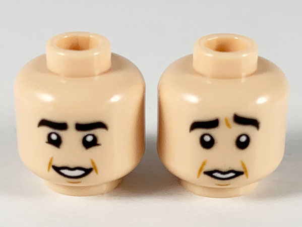 Minifigure, Head Dual Sided Thick Black Eyebrows, Low Mouth, Smile / Worried Pattern