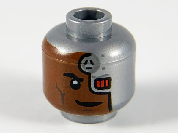 Minifigure, Head Reddish Brown Face, Cyborg Left Cover with Red Square Eye Pattern