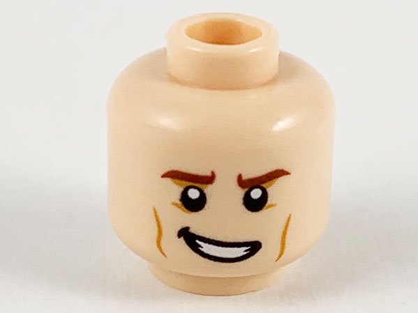 Minifigure, Head Reddish Brown Low Eyebrows, Lopsided Grin, Dark Orange Cheek Lines Pattern