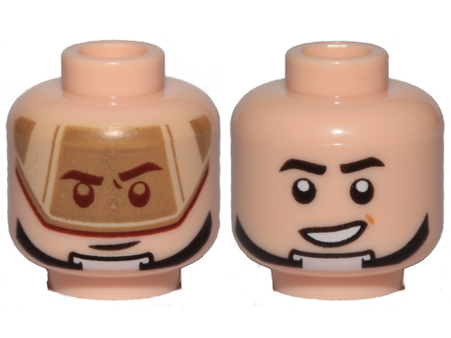 Minifigure, Head Dual Sided Dark Tan Visor, Stern Black Eyebrows, Chin Strap / Open Mouth Grin Pattern (SW T-16 Skyhopper Pilot)